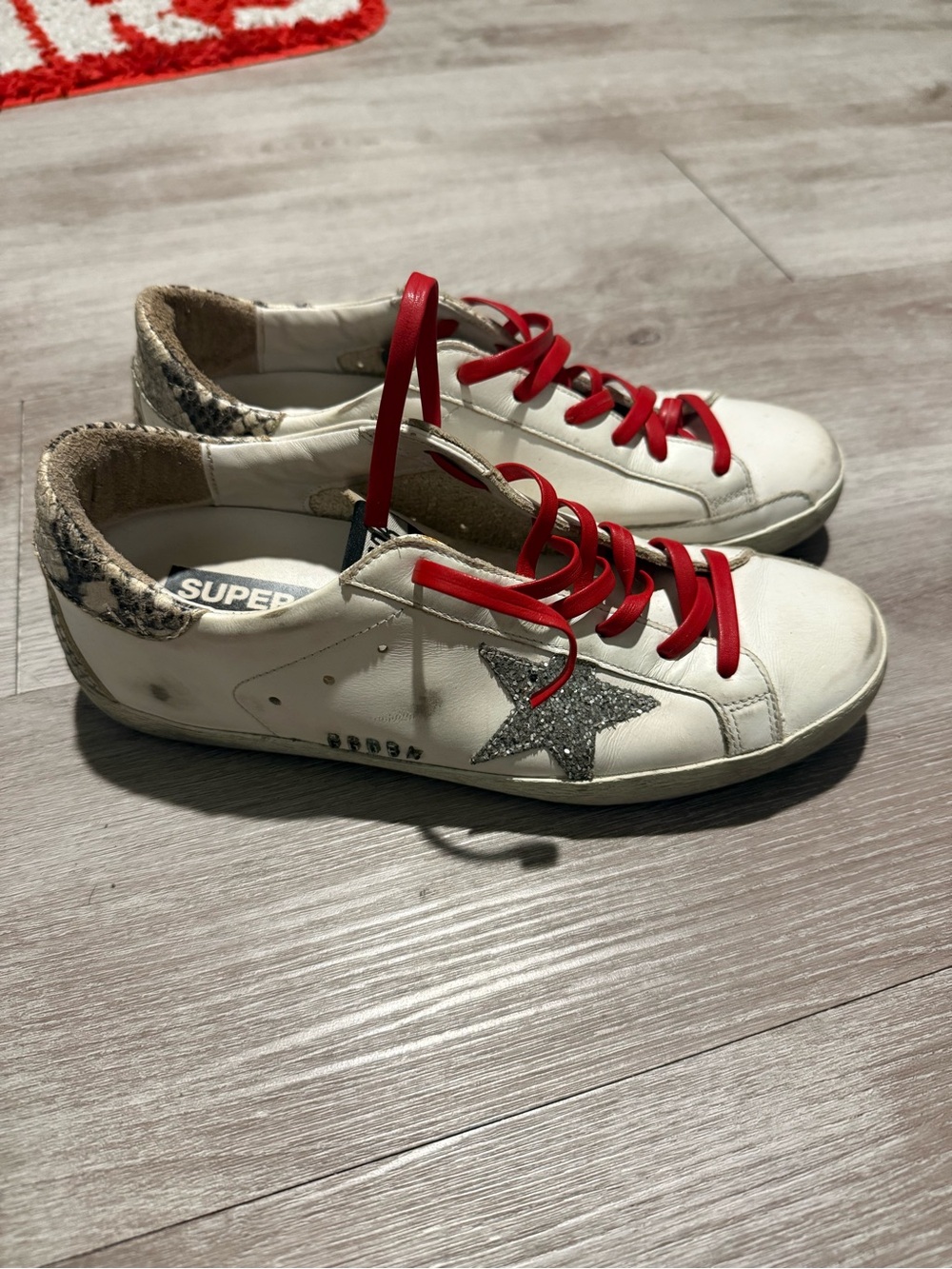 Golden Goose White Sneakers with Red Laces and Silver Star